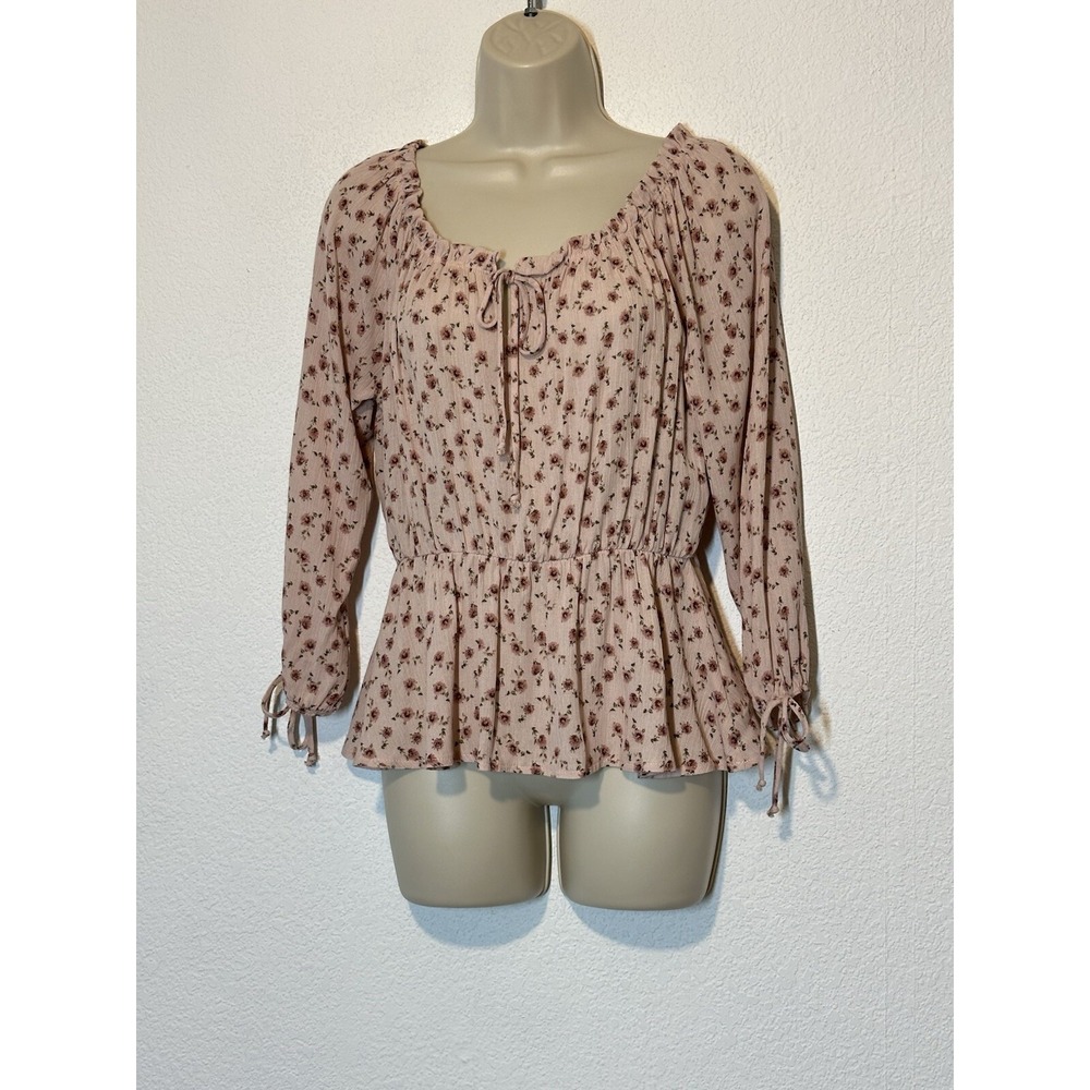 Pink Floral Boho Top Blouse Long Sleeve Peplum Sz M Prairie Cottagecore Coquette